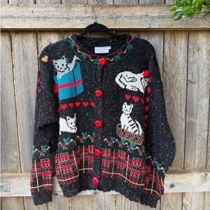 VTG 80s Sweater Loft SWEATER cardigan cotton CATS hearts black marled brightly